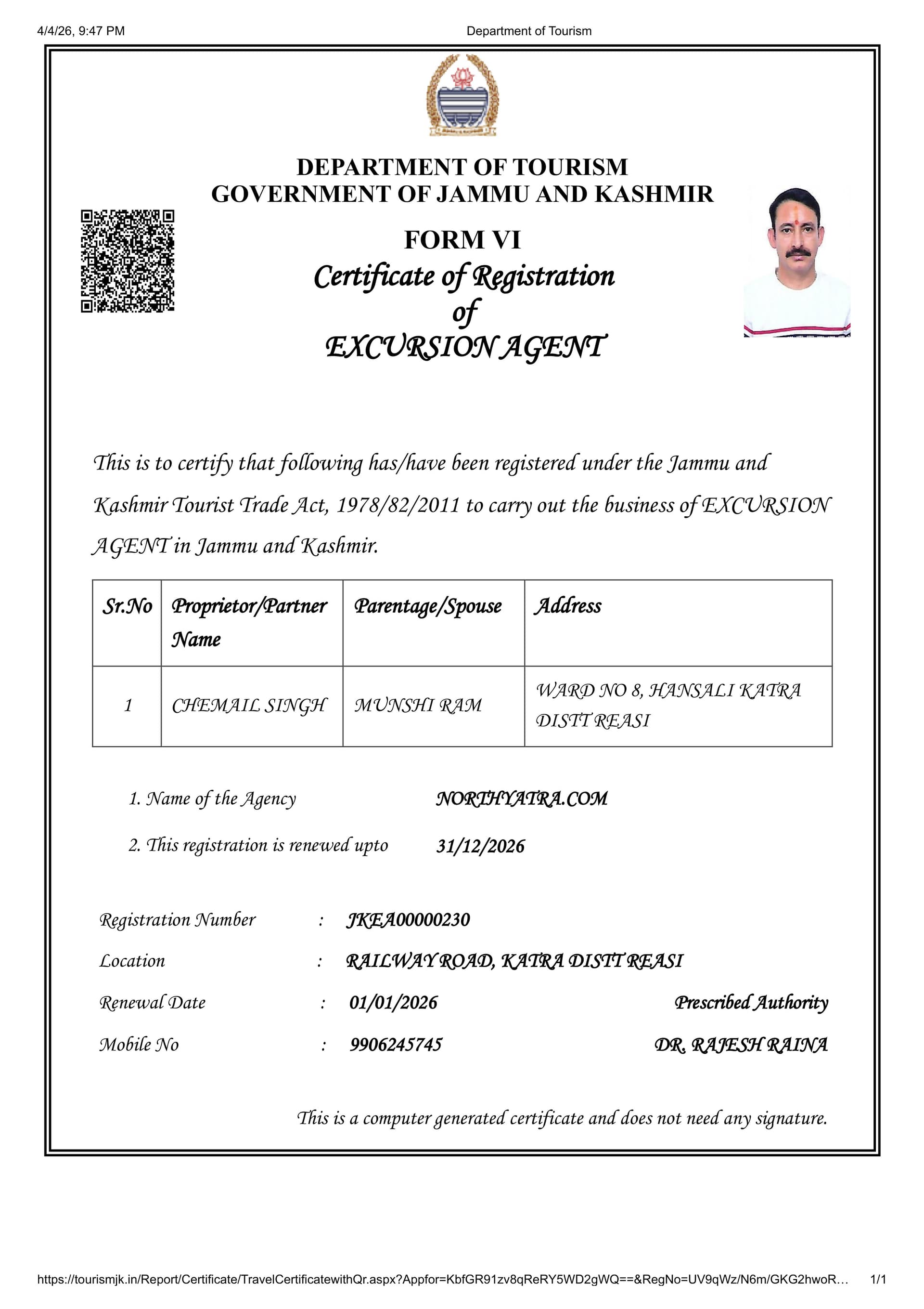 J&K Tourism Certificate